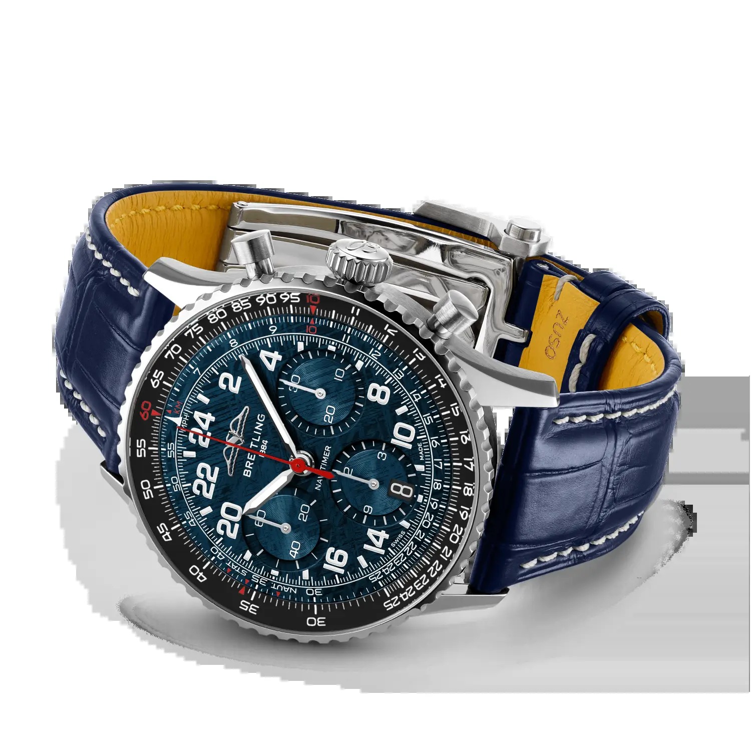 Breitling Navitimer Cosmonaute Artemis II rolled blue strap product view on yellow background