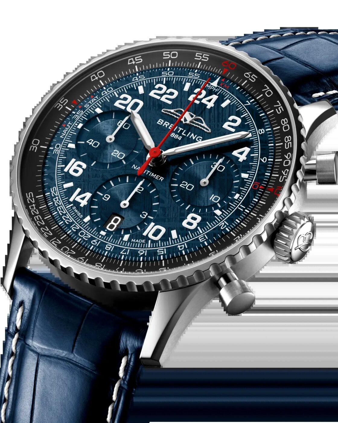 Breitling Navitimer Cosmonaute Artemis II three-quarter view showing the 24-hour dial and slide-rule bezel