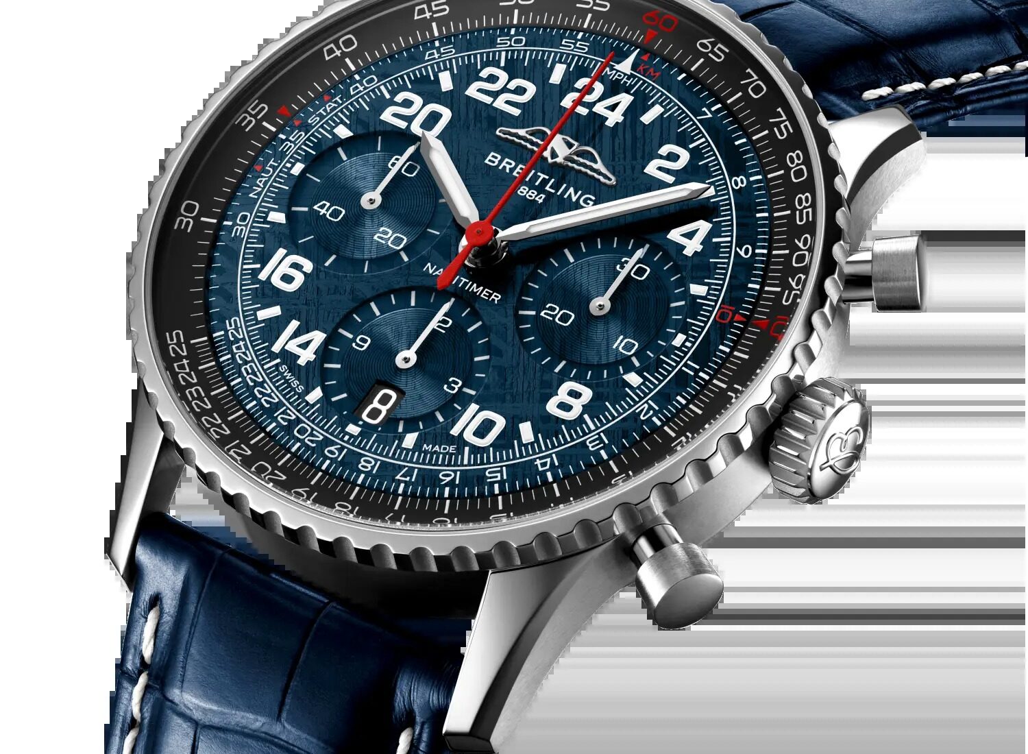 Breitling Navitimer Cosmonaute Artemis II three-quarter view showing the 24-hour dial and slide-rule bezel