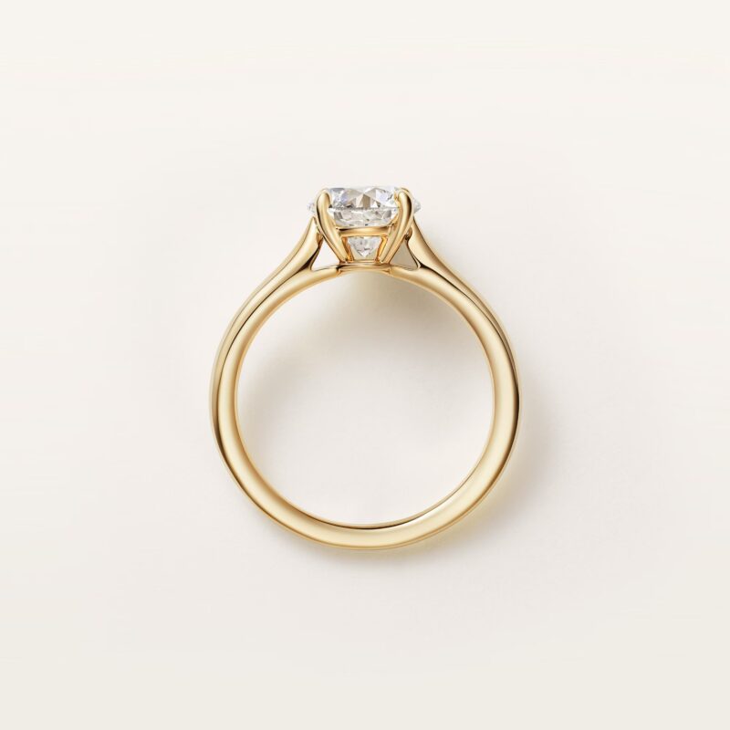Side-profile studio view of the Cartier Solitaire 1895 ring with a pave-set diamond band