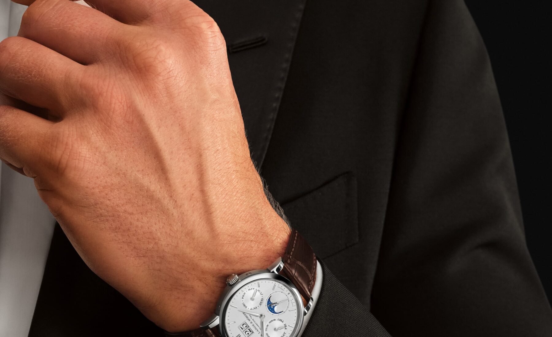 A. Lange & Söhne Saxonia Annual Calendar white gold worn on the wrist