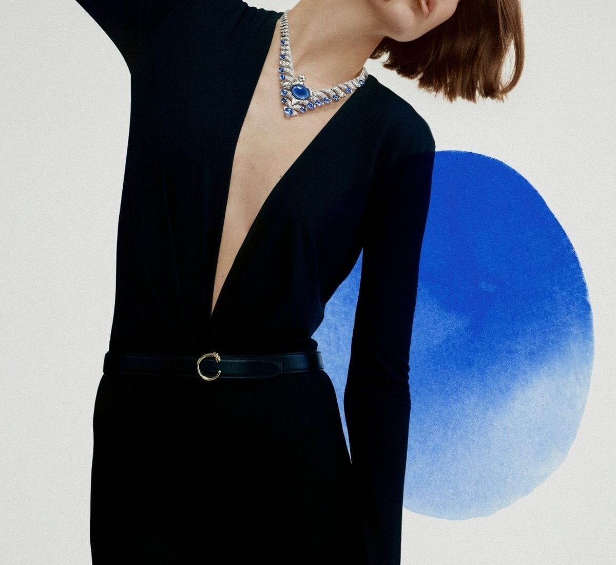 Cartier Le Choeur des Pierres Kentia high jewellery necklace worn with Ceylon sapphire