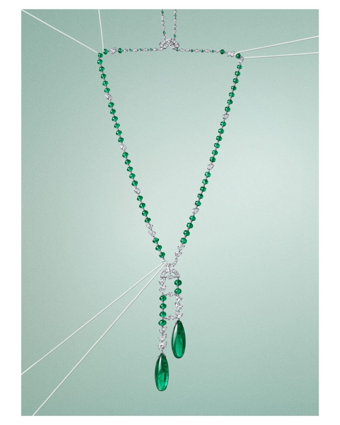 Cartier En Equilibre Shito necklace with two Zambian emerald drops and diamonds