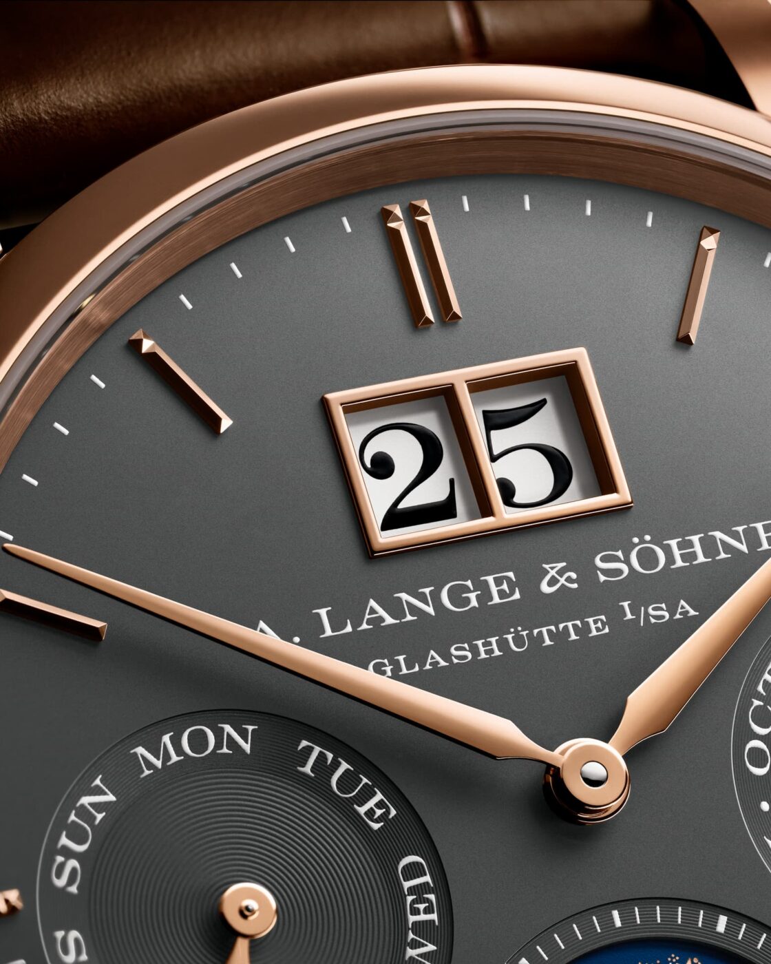 A. Lange & Söhne Saxonia Annual Calendar pink gold grey dial detail
