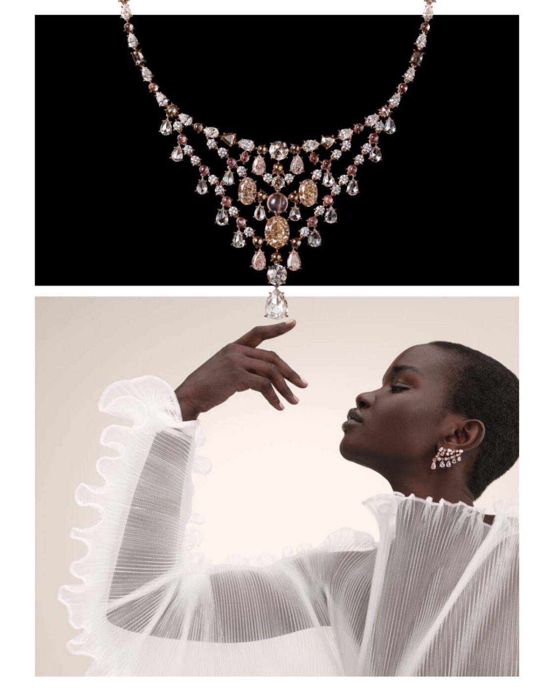 Cartier En Equilibre Hyala necklace worn with diamonds and coloured sapphires