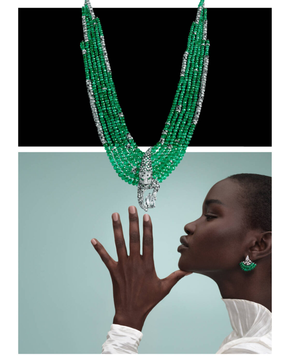 Cartier En Equilibre Panthere Dentelee necklace worn with emeralds onyx and diamonds