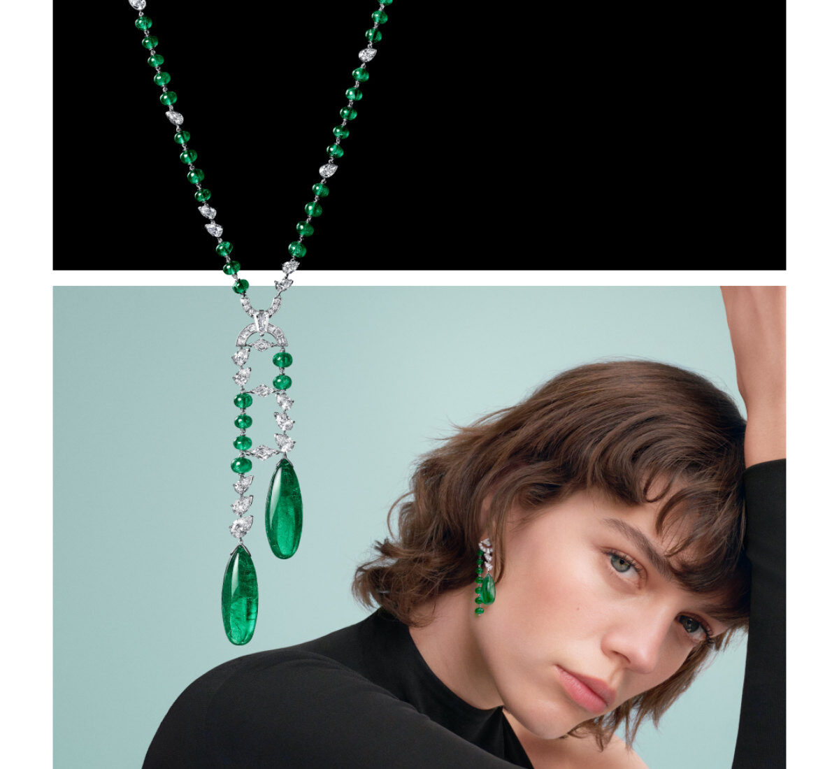 Cartier En Equilibre Shito high jewellery necklace worn with emerald drops