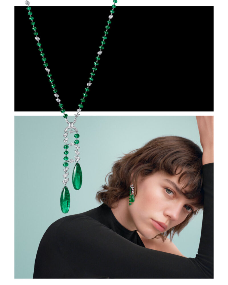 Cartier En Equilibre Shito high jewellery necklace worn with emerald drops