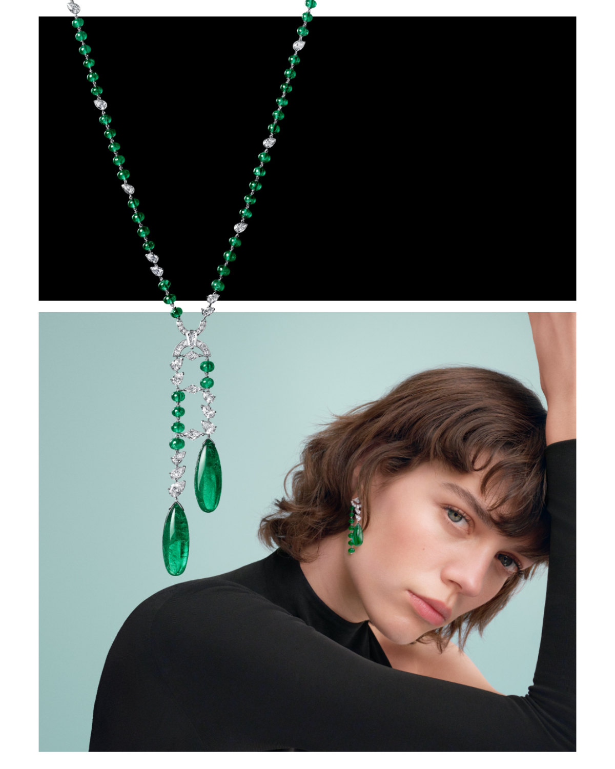 Cartier En Equilibre Shito high jewellery necklace worn with emerald drops