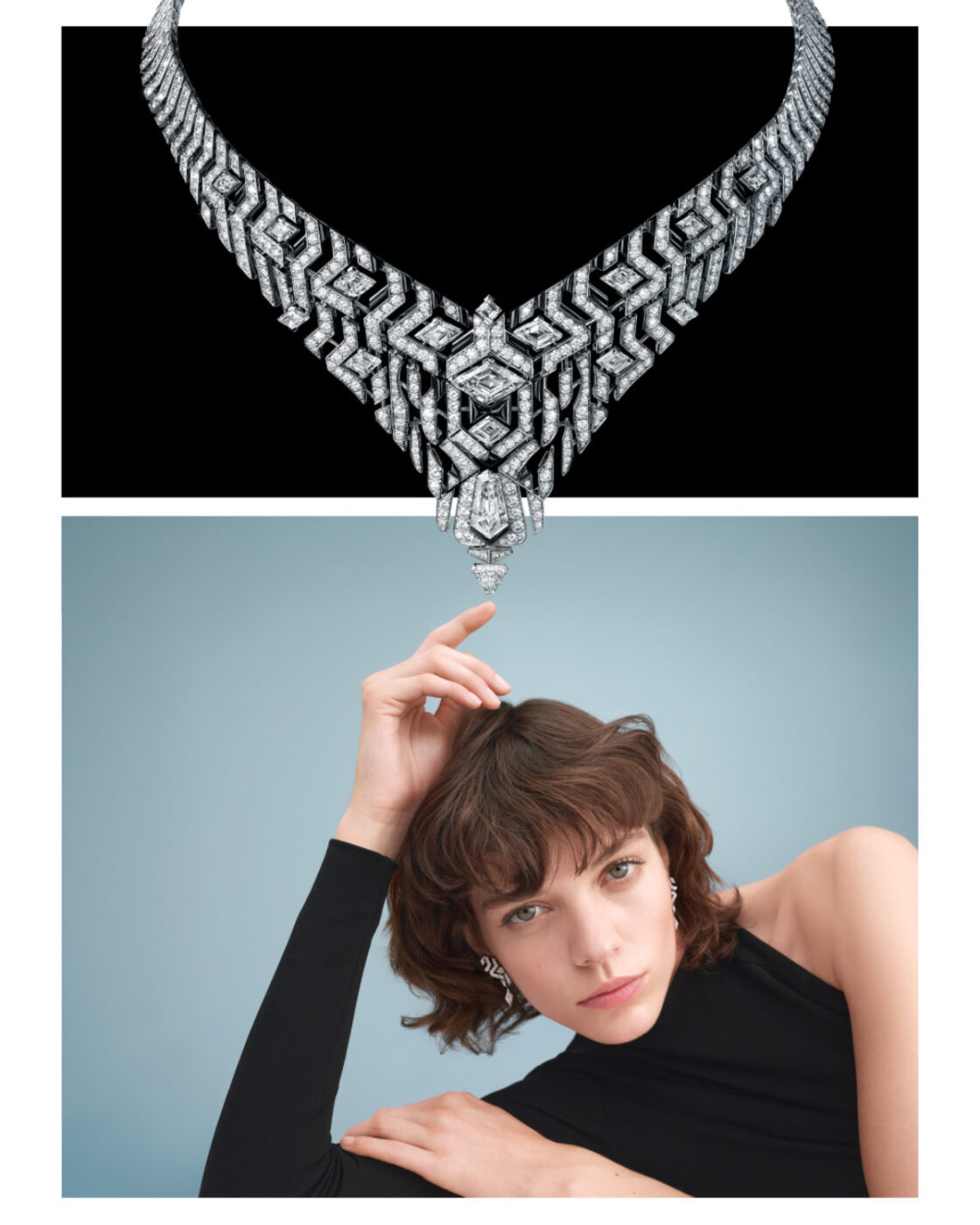 Cartier En Equilibre Tsagaan snow leopard necklace worn with onyx and diamonds