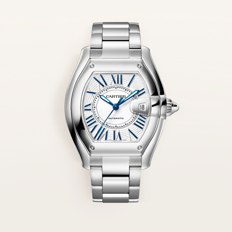 Cartier Roadster 2026 steel reference with white dial and blue Roman numerals