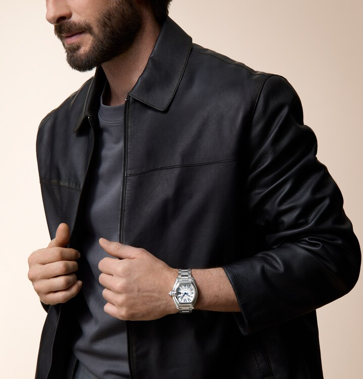 Cartier Roadster 2026 steel watch worn with a black leather jacket
