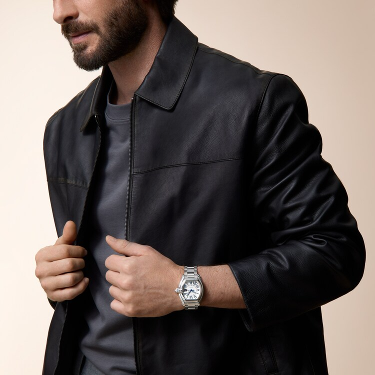 Cartier Roadster 2026 steel watch worn with a black leather jacket