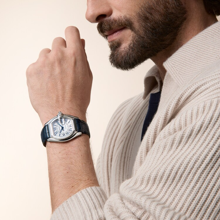 Cartier Roadster 2026 on blue alligator strap worn with a cream knit sweater