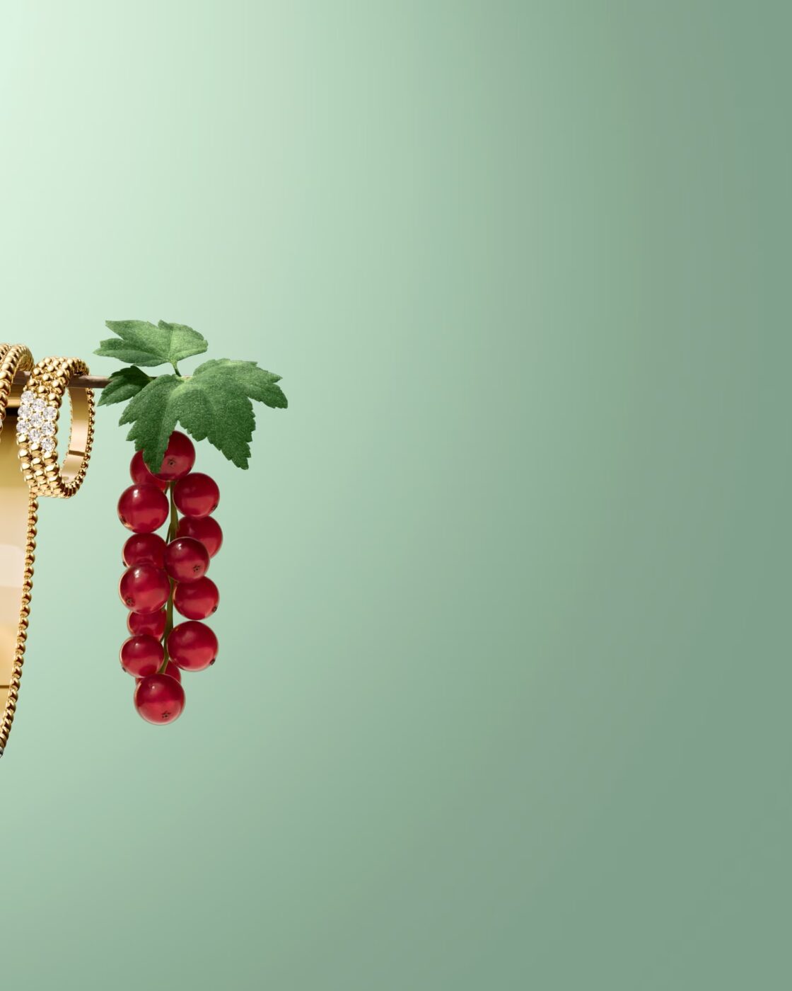 Two Van Cleef & Arpels Perlee yellow gold beaded bracelets hanging on a green tree branch with red currants
