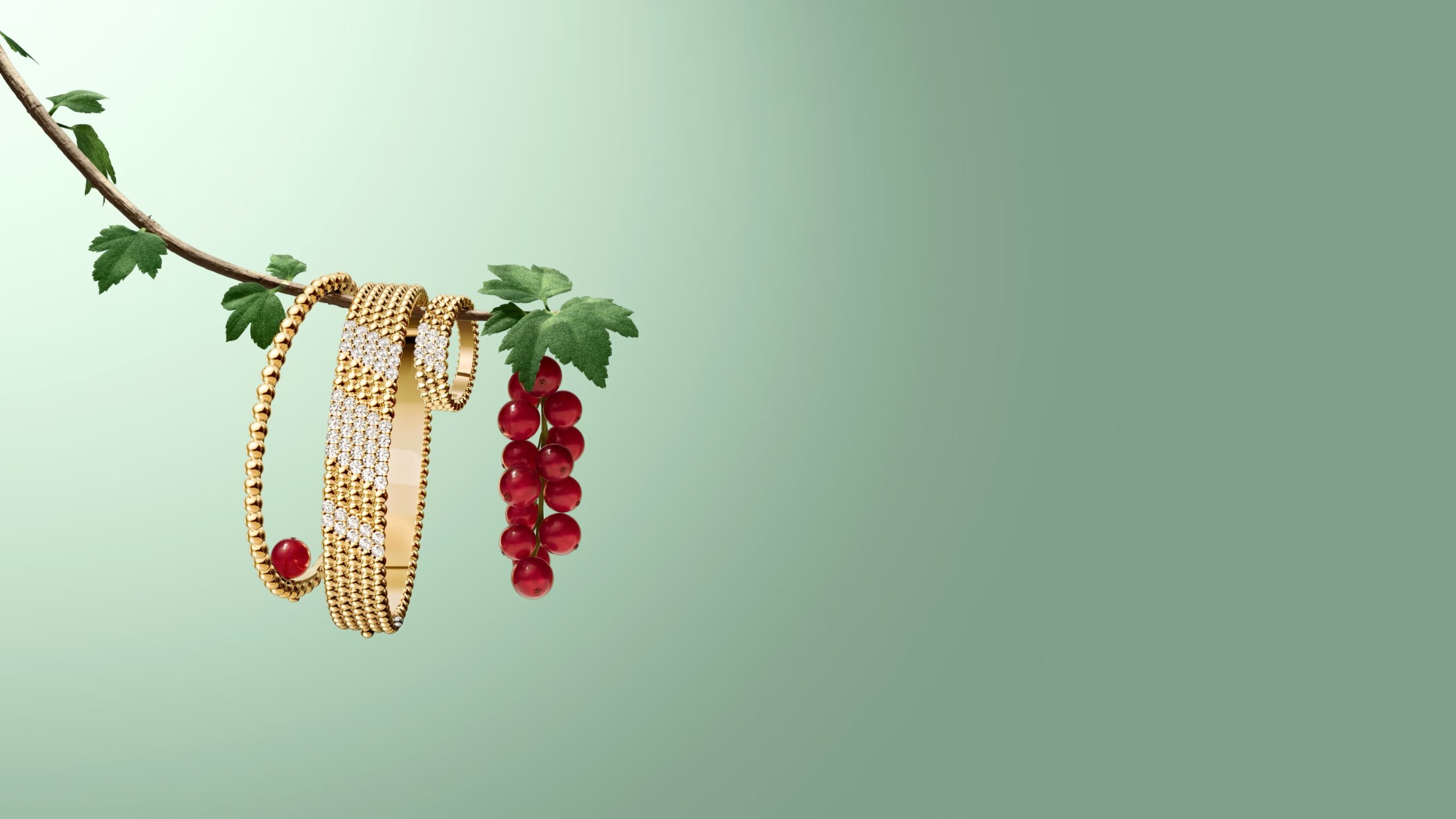 Two Van Cleef &amp; Arpels Perlee yellow gold beaded bracelets hanging on a green tree branch with red currants
