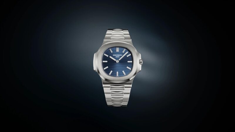 Patek Philippe Nautilus 50th Anniversary front view on blue background