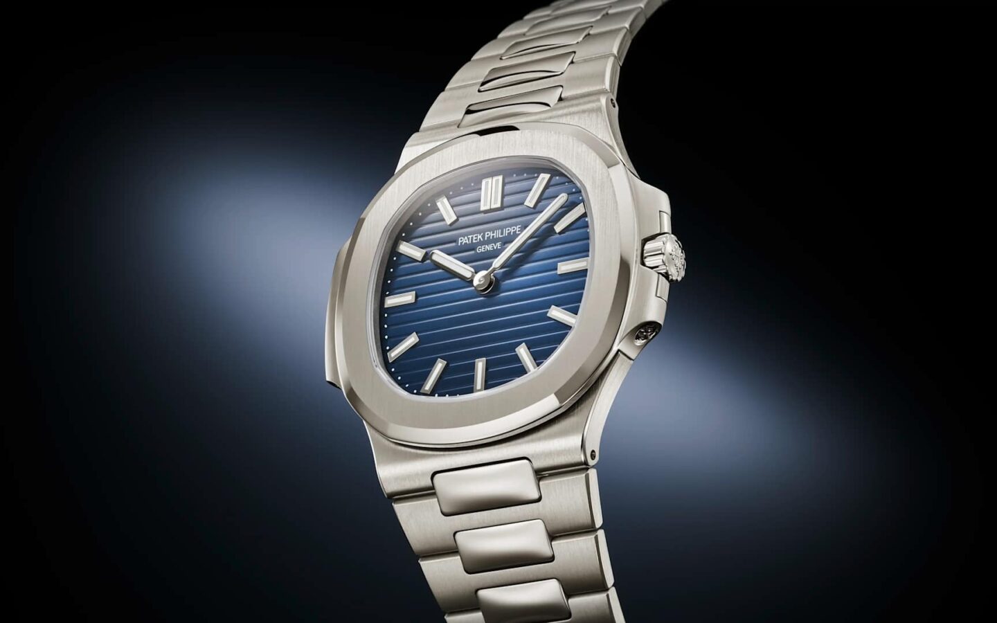 Patek Philippe Nautilus 50th Anniversary angled integrated bracelet view