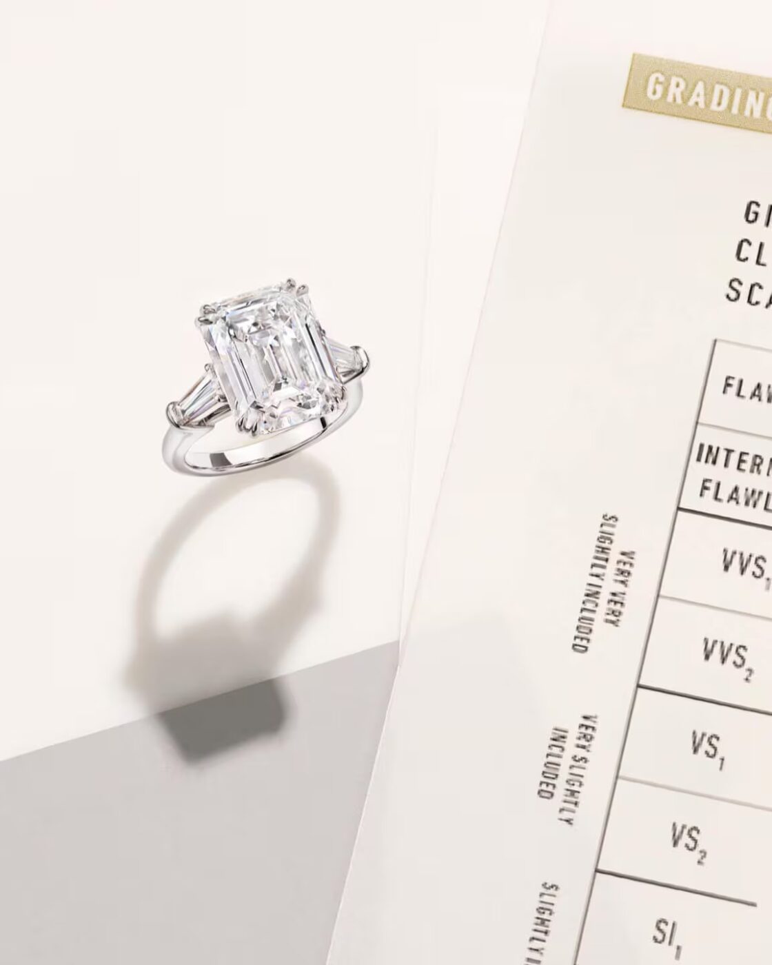 An educational graphic illustrating the GIA diamond clarity scale with a solitaire ring