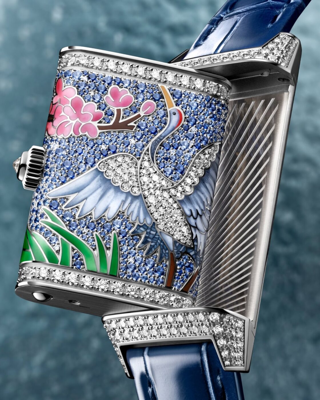 Reverso One Sakura reverse side with crane and cherry blossom