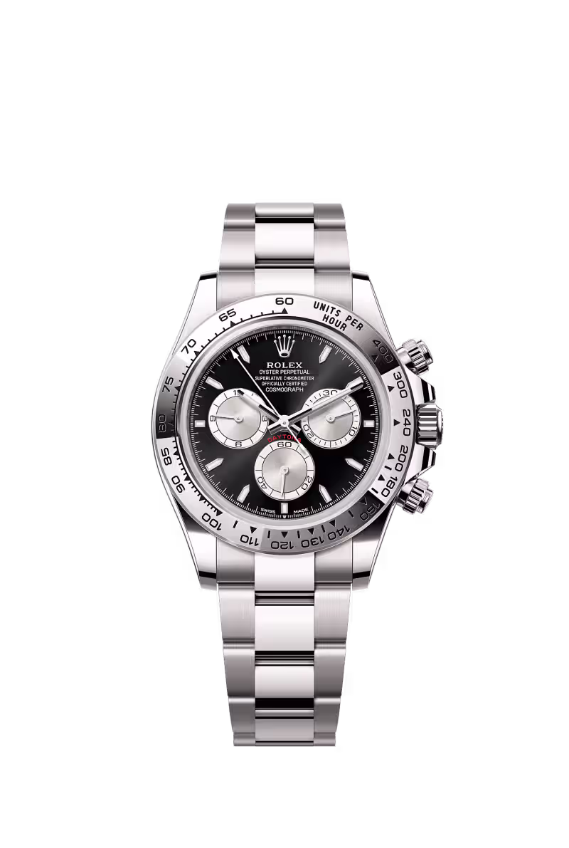 Rolex Cosmograph Daytona black dial white gold reference front view