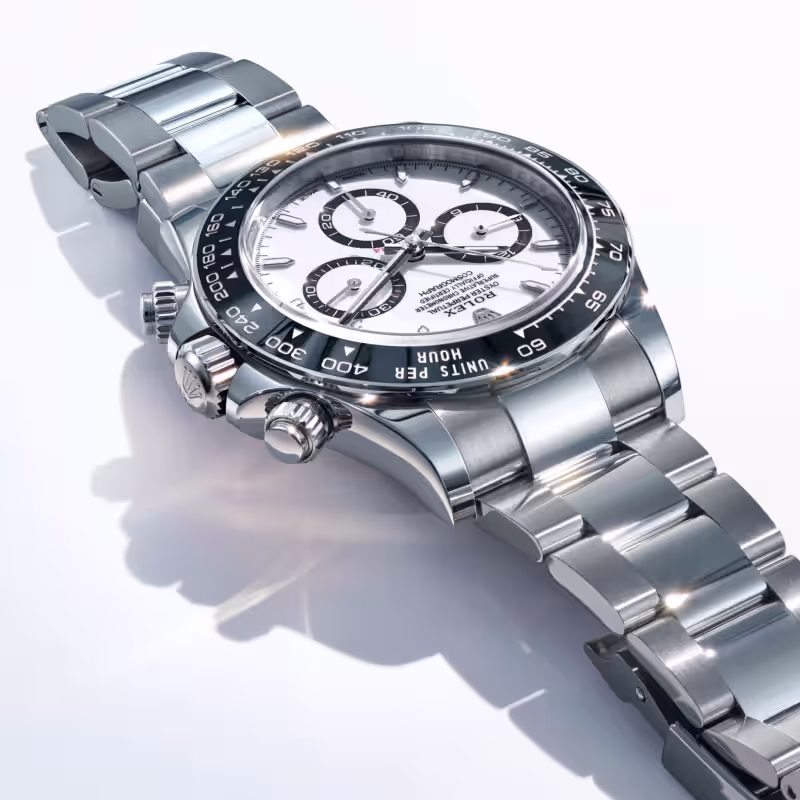 Rolex Cosmograph Daytona white dial Oystersteel angled view