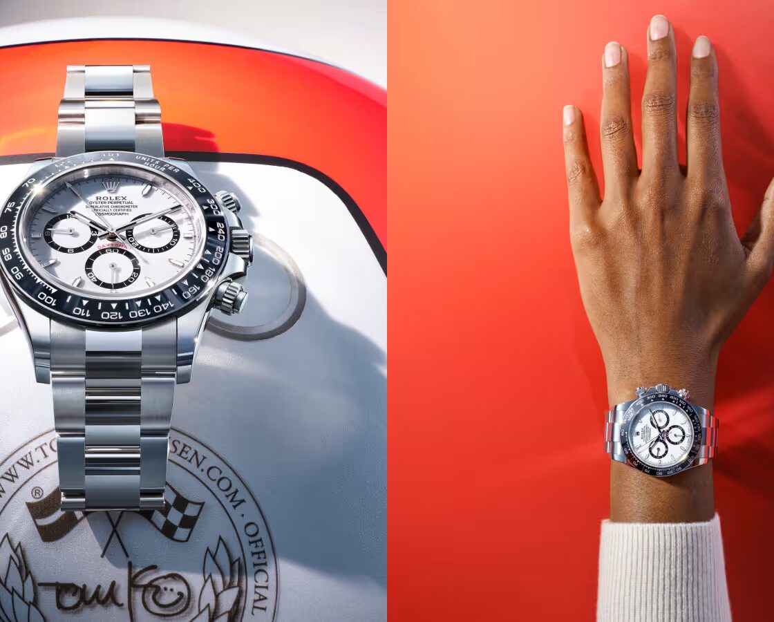 Rolex Cosmograph Daytona white dial wrist and desk composition