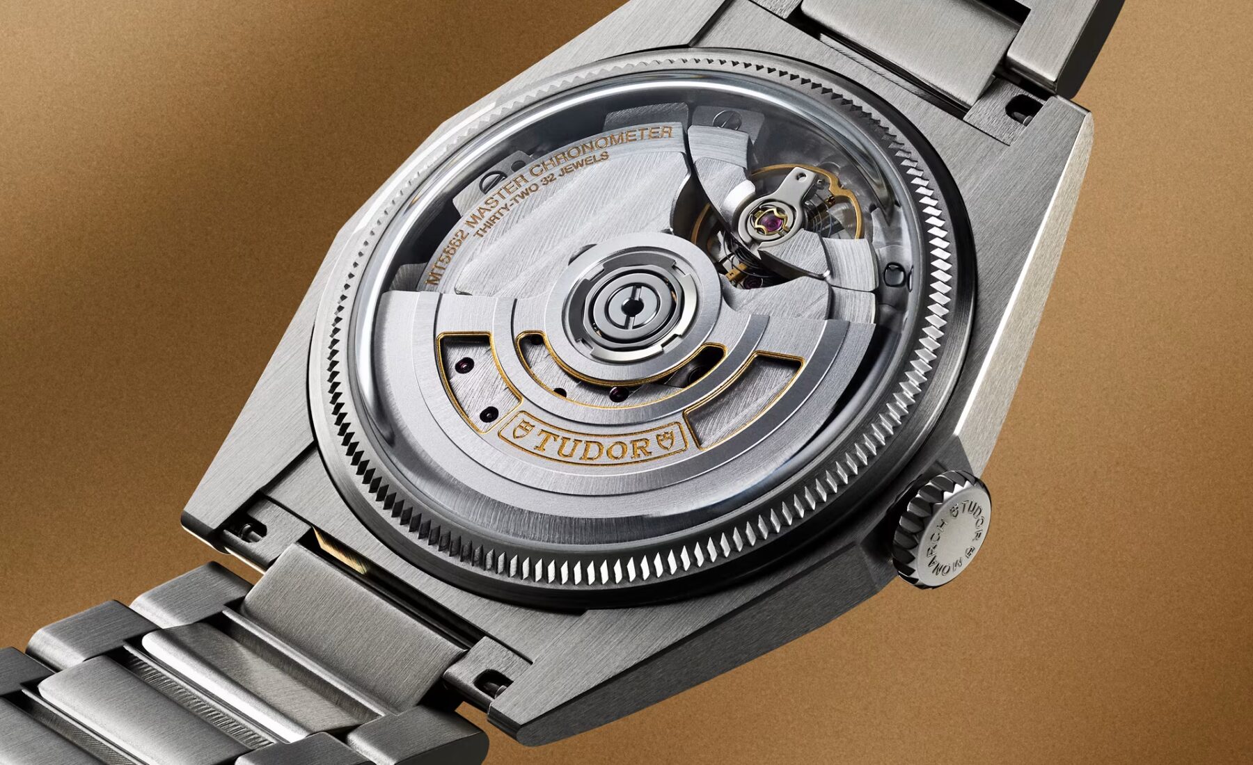 Transparent caseback view of the Tudor Monarch showing the in-house manufacture movement