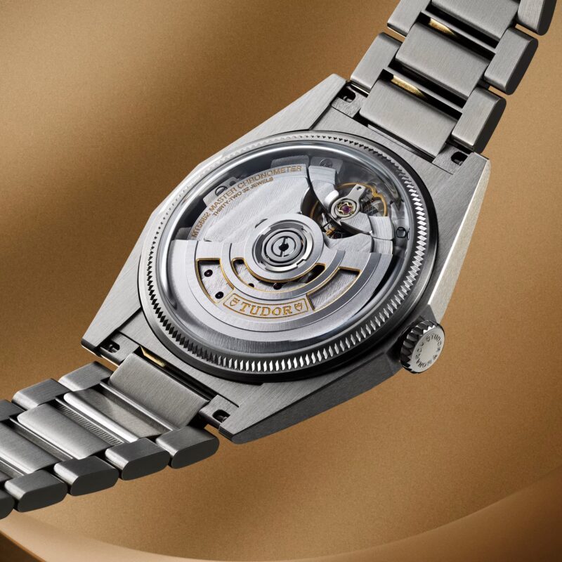 Transparent caseback view of the Tudor Monarch showing the in-house manufacture movement