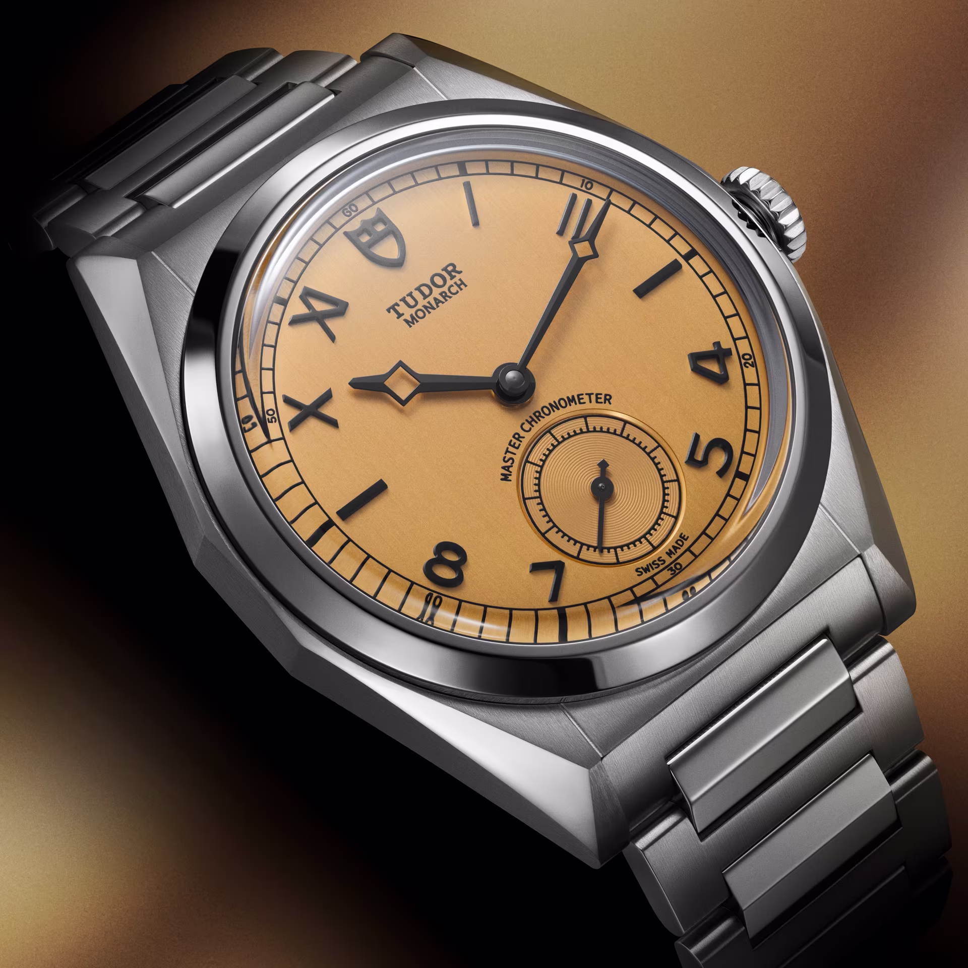 Diagonal angled view of the Tudor Monarch textured dial and polished bezel