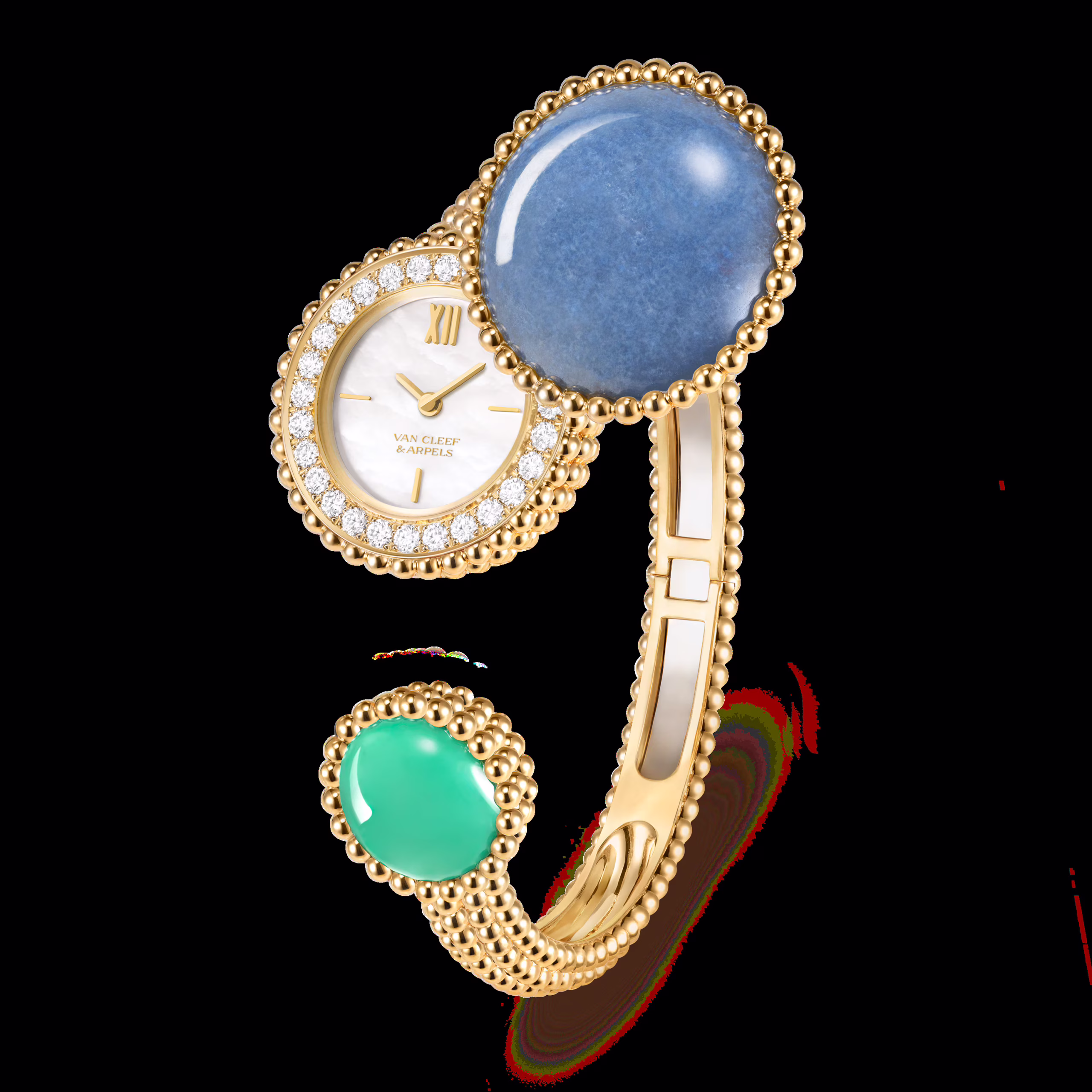 Perlée Toi & Moi secret watch in yellow gold with blue chalcedony and green malachite, isolated on a dark background