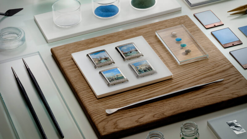Four Jaeger-LeCoultre Reverso Tribute Enamel Turner casebacks at the enamel workbench