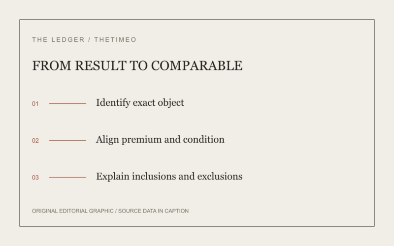 FROM RESULT TO COMPARABLE. Identify exact object. Align premium and condition. Explain inclusions and exclusions.