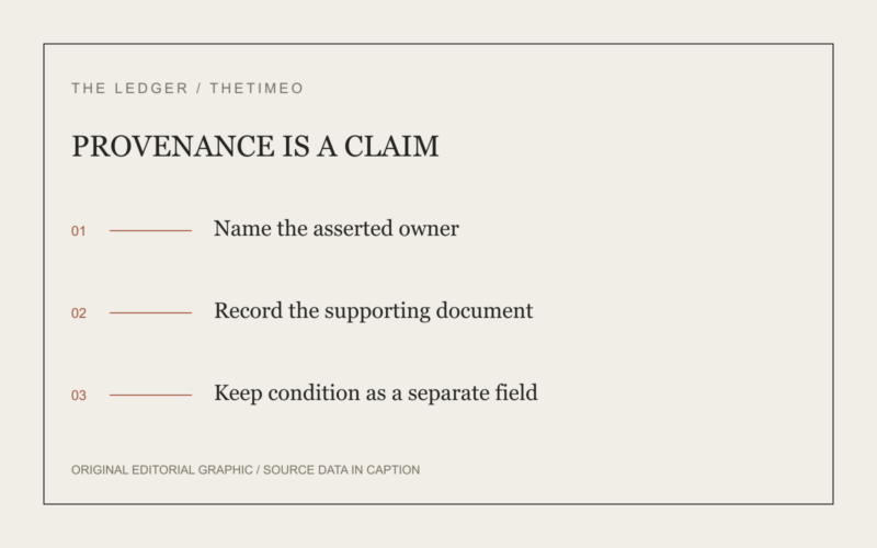 PROVENANCE IS A CLAIM. Name the asserted owner. Record the supporting document. Keep condition as a separate field.