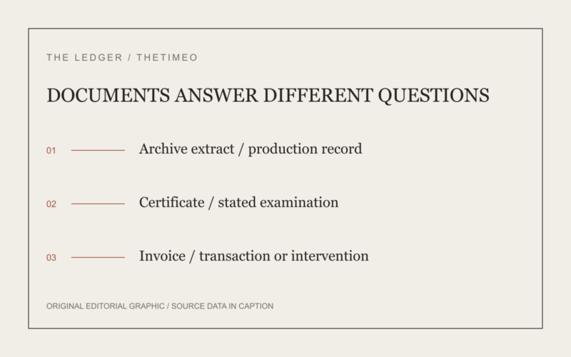 DOCUMENTS ANSWER DIFFERENT QUESTIONS. Archive extract / production record. Certificate / stated examination. Invoice / transaction or intervention.