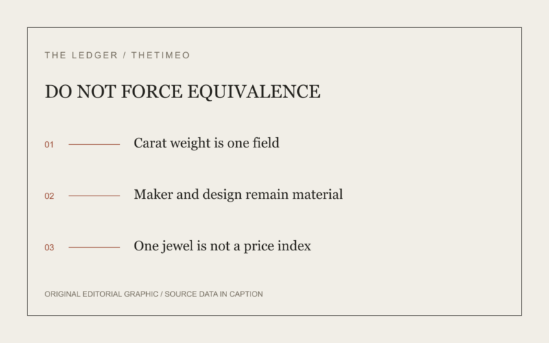 DO NOT FORCE EQUIVALENCE. Carat weight is one field. Maker and design remain material. One jewel is not a price index.