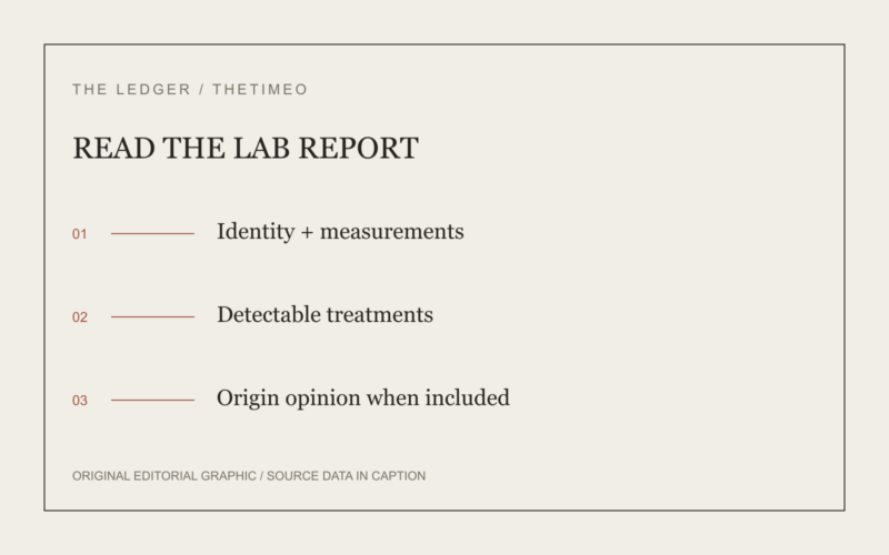 READ THE LAB REPORT. Identity + measurements. Detectable treatments. Origin opinion when included.