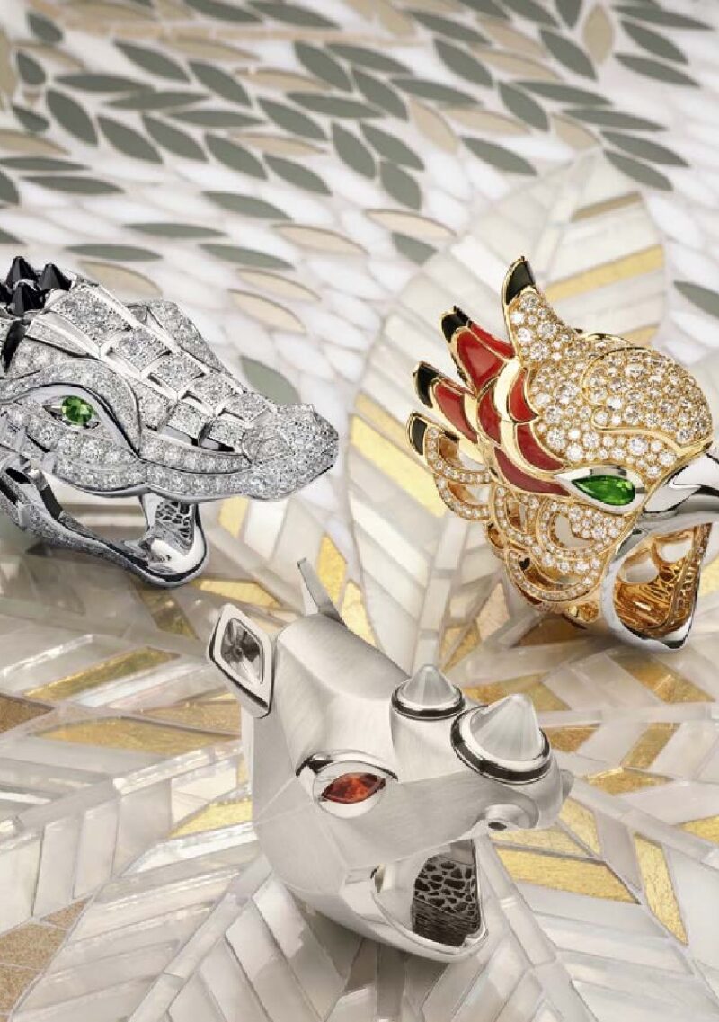 Cartier crocodile, parrot and rhinoceros animal-head rings