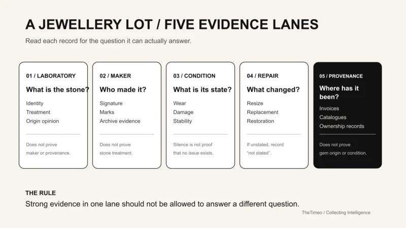 Five evidence lanes in a jewellery auction lot