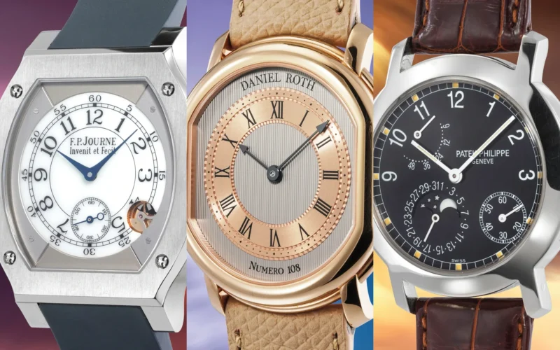 Three watches from Phillips Geneva illustrating how estimates, hammer prices and final results differ