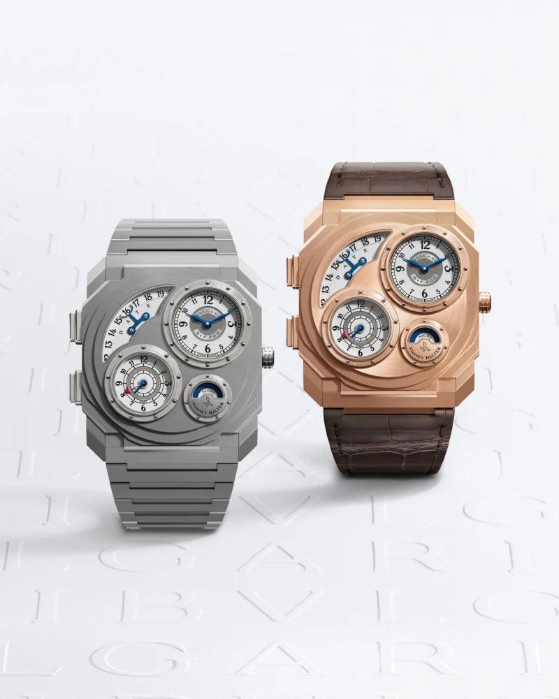 The Dual Time in titanium and rose gold, with an integrated bracelet and a brown alligator strap respectively.