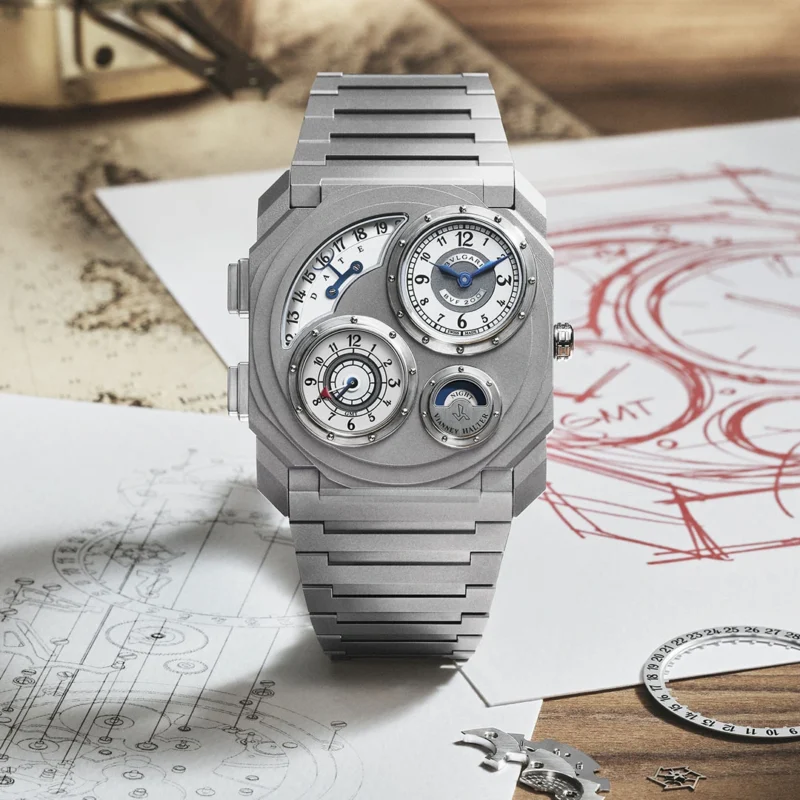 The Octo Finissimo Dual Time pictured with drawings and components from the collaboration.