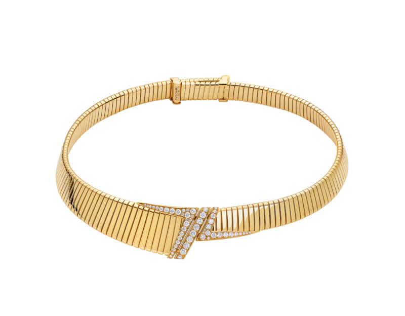 Bvlgari Tubogas asymmetric yellow-gold and diamond necklace ref. 362515, front