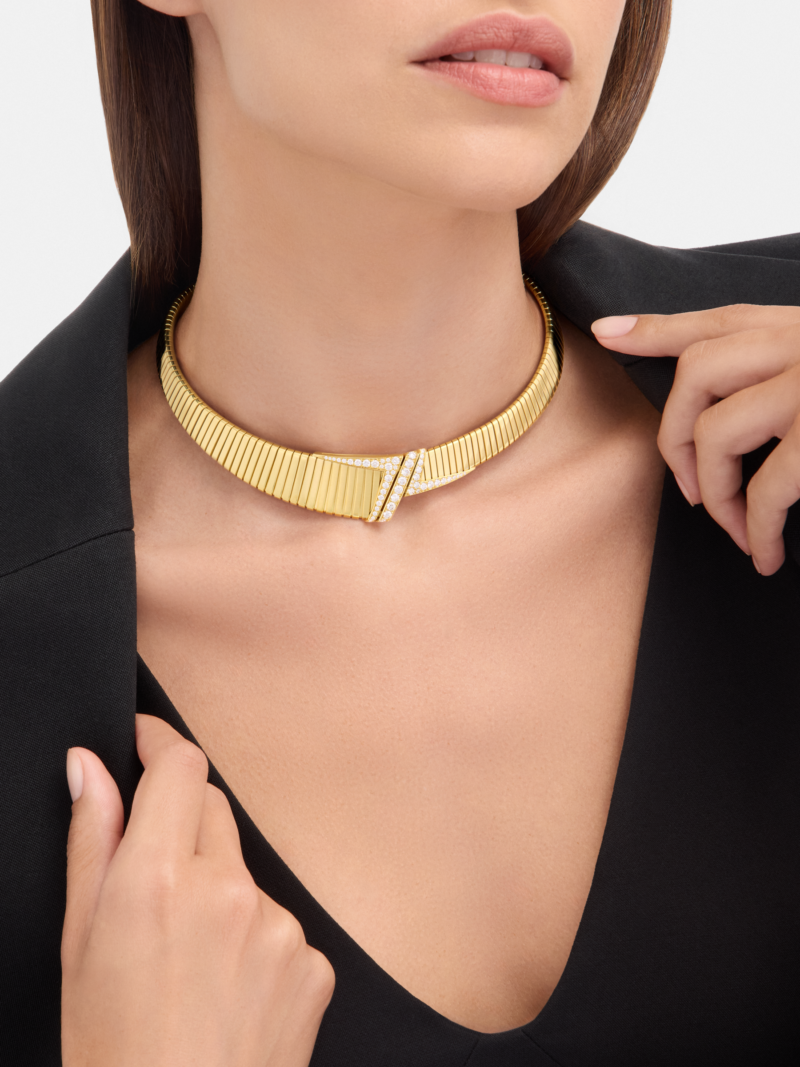 Bvlgari Tubogas asymmetric necklace worn