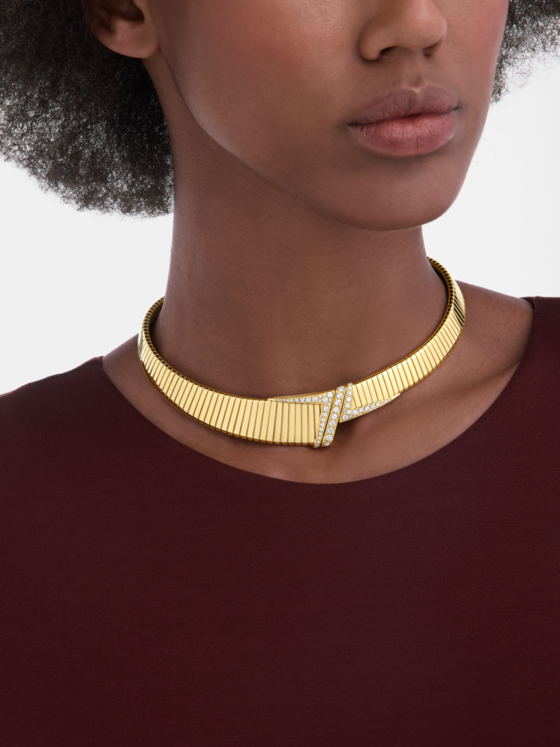 Bvlgari Tubogas asymmetric necklace worn detail