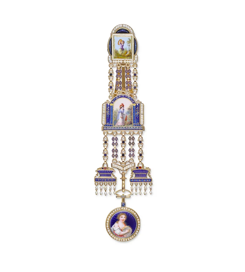 Cartier enamelled watch on chatelaine, 1874