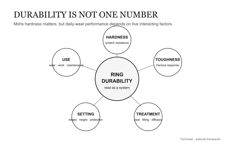 TheTimeo diagram of five factors in coloured-stone ring durability