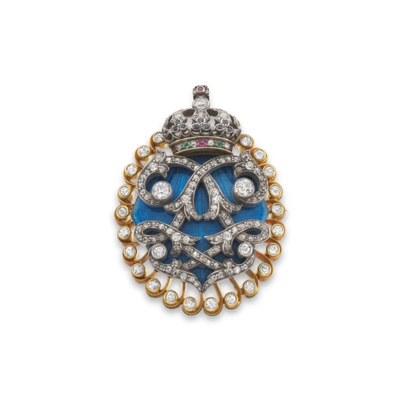 Late nineteenth-century diamond, enamel and gem-set brooch