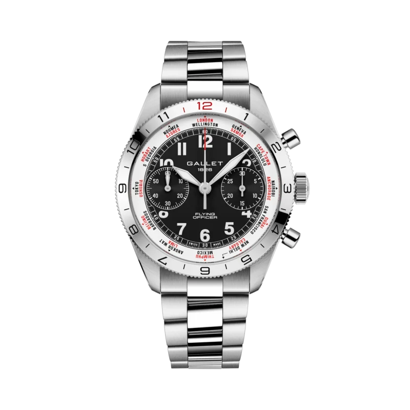 Front view of the black Gallet Flying Officer Chronograph 40