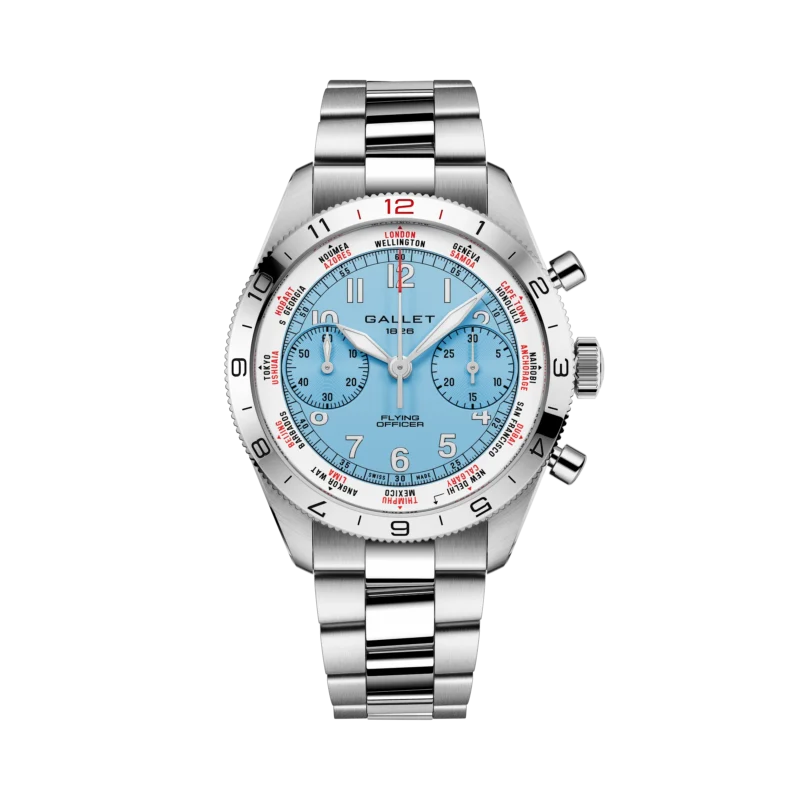 Front view of the blue Gallet Flying Officer Chronograph 40